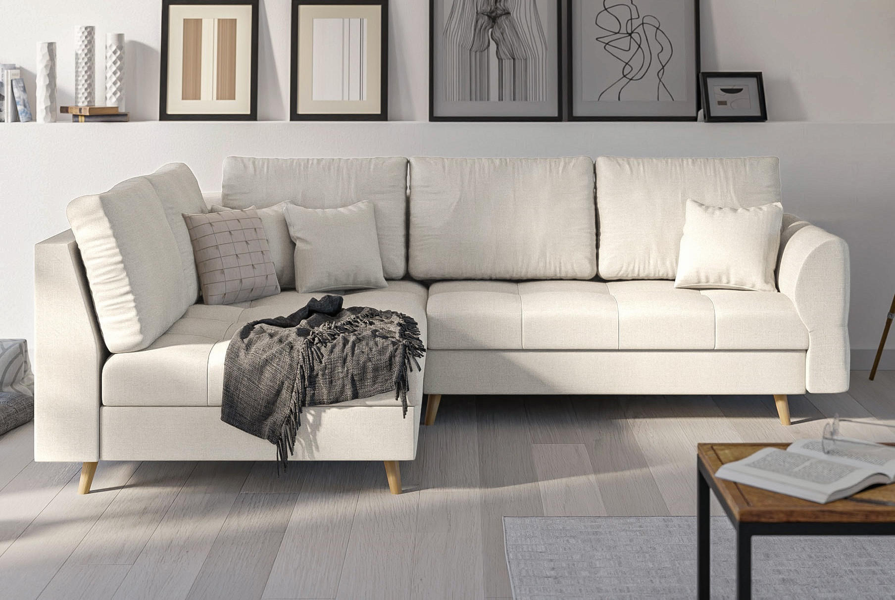 ECKSOFA Lorine Mikrofaser Ecru - Ecru/Hellbraun, Buchenholz/Textil (231/161cm) - S-Style Möbel