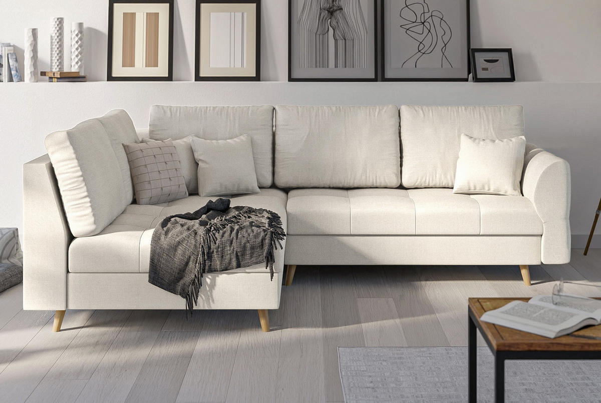 ECKSOFA Lorine Mikrofaser Ecru - Ecru/Hellbraun, Buchenholz/Textil (231/161cm) - S-Style Möbel