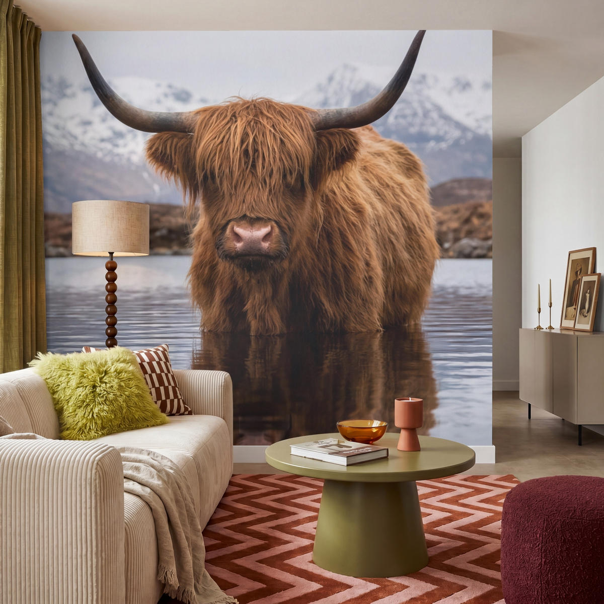 TAPETE - Schottischer Hochländer - Braun - Wasser - 240x220 cm - Braun, Papier (240/220cm) - OnlyWow