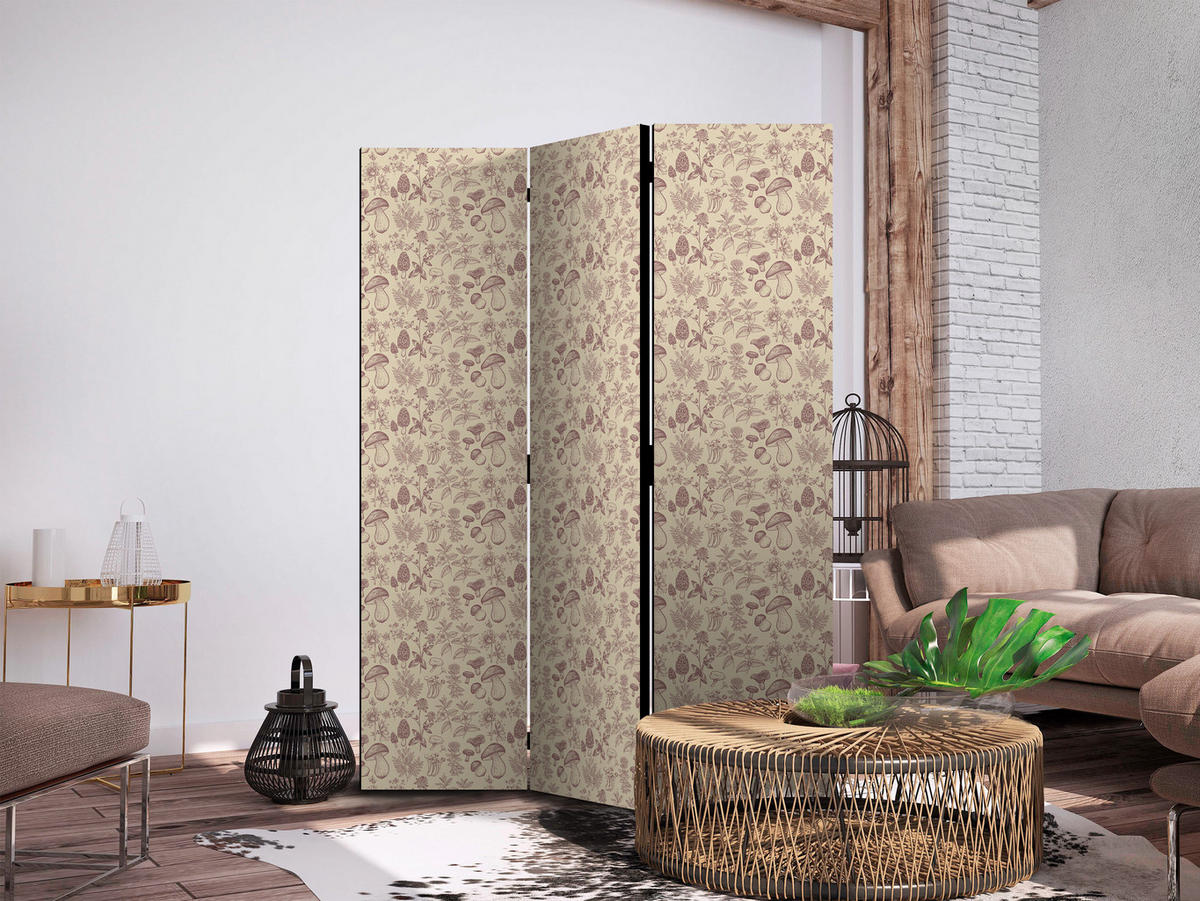 PARAVENT Einseitig Bedruckter 3-tlg 135x172 cm Blumen und Pilze Boho - Beige, Holz/Textil (135/172/3cm) - Muralo