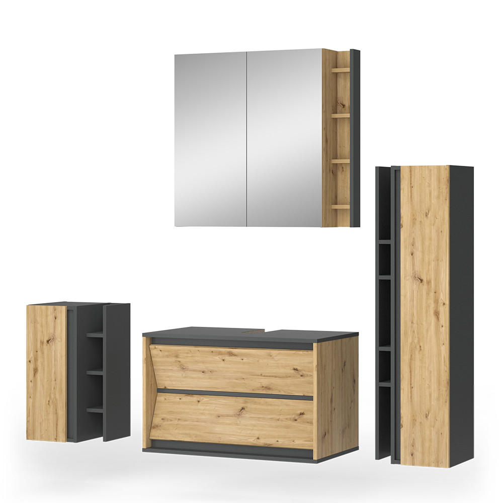 BADMÖBEL-SET Edelin Anthrazit/Artisan 4 Teile - Anthrazit/Hellgrau, Holzwerkstoff (80/50/45cm) - Vicco