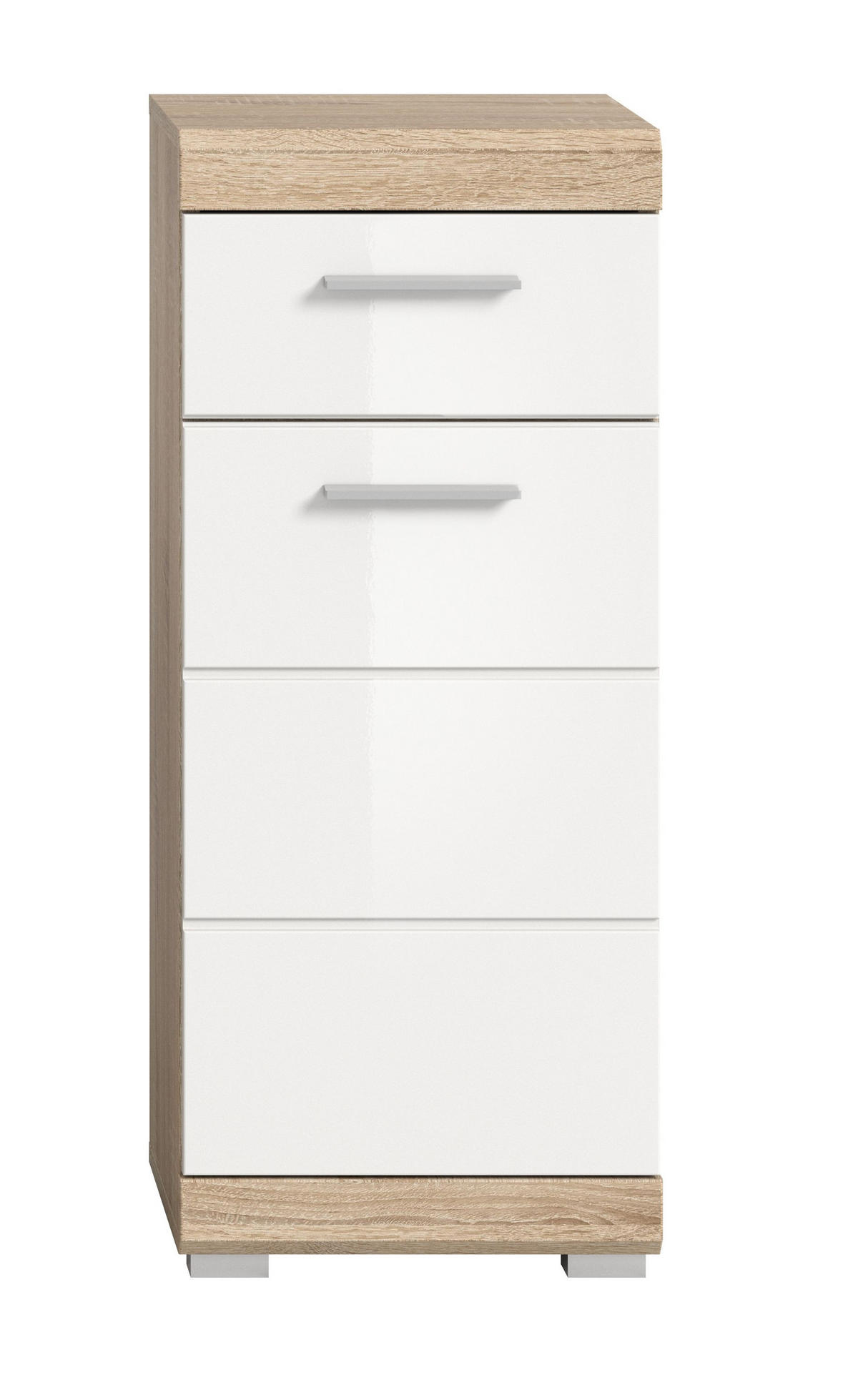 STANDSCHRANK Lambada Bad in Sonoma Eiche hell und weiß hochglanz B/H/T: 37x88x31 cm - Eichefarben, Holz (37/88/31cm)