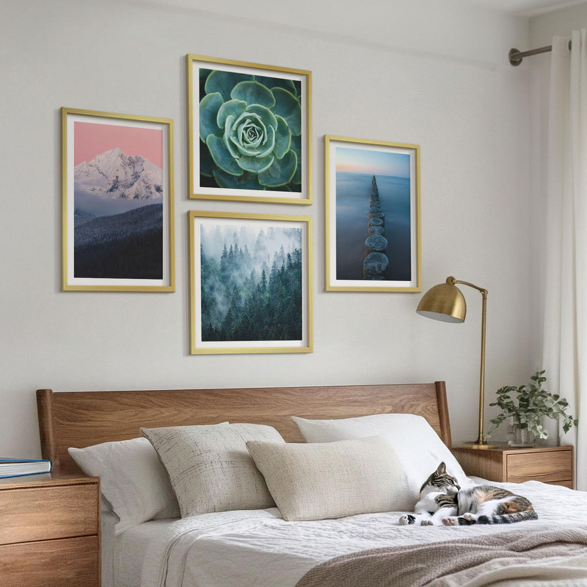 BILDER SET 4er Set - 50x50 cm & 40x60 cm Goldrahmen - Berge, rosa Himmel, Wasser, Sukkulente - Goldfarben, Kunststoff (50/50cm) - TULUP