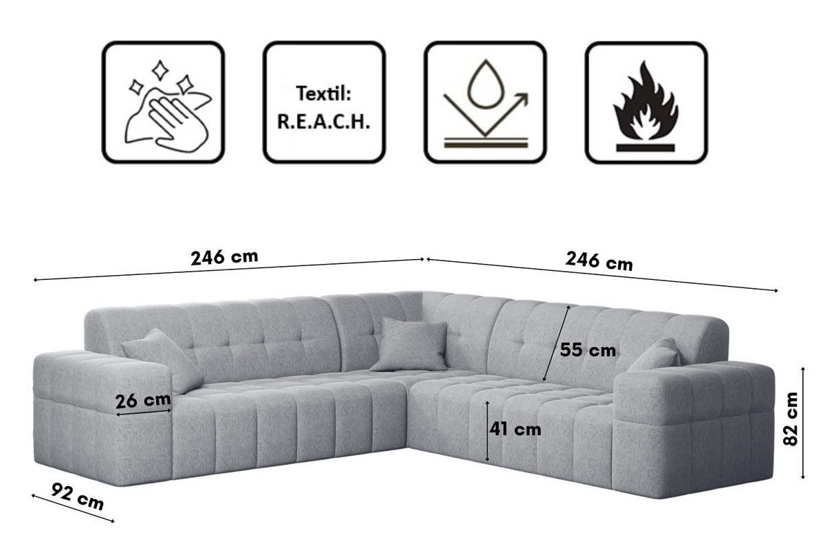 ECKSOFA Corner NIMES Stilvol Stoff Verita Grau - Grau, Holz (246/246cm) - Kaiser Möbel