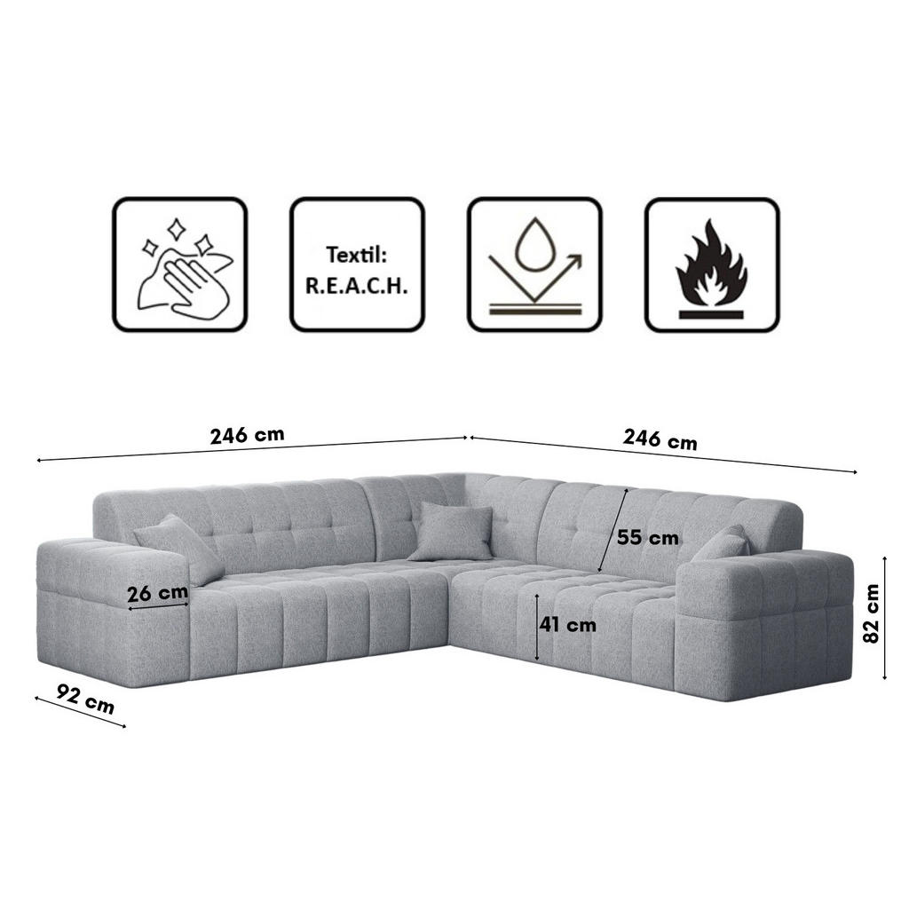Thumbnail - Kaiser Möbel Ecksofa, Grau, Holz, 6-Sitzer, L-Form, links montierbar, rechts montierbar,L-Form, 246x246 cm, Reach, Wohnz...