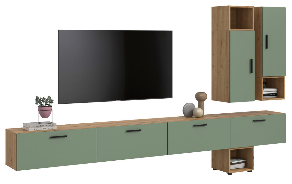 WOHNWAND grün, Eiche Artisan 300 cm, Wohnkombination hängend / stehend - Schwarz/Eiche Artisan, Holzwerkstoff/Kunststoff (300/178/34cm) - Inn.Furn