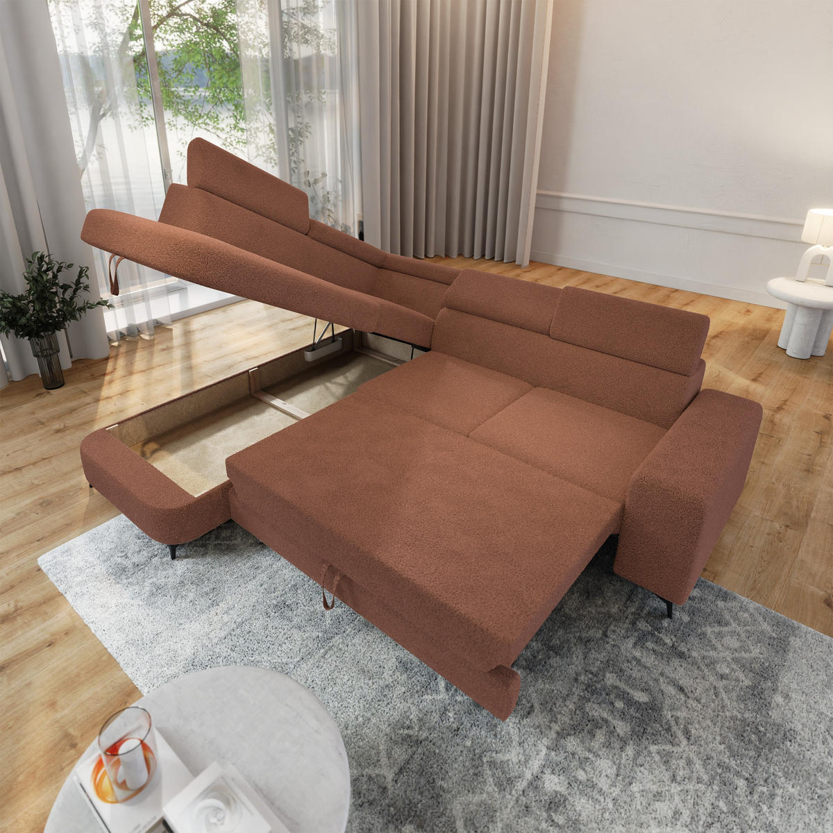 ECKSOFA ALVORO L-S Kupferfarben Boucle-Stoff mit Schlaffunktion - Kupferfarben, Holz (253/190cm) - MASSENO