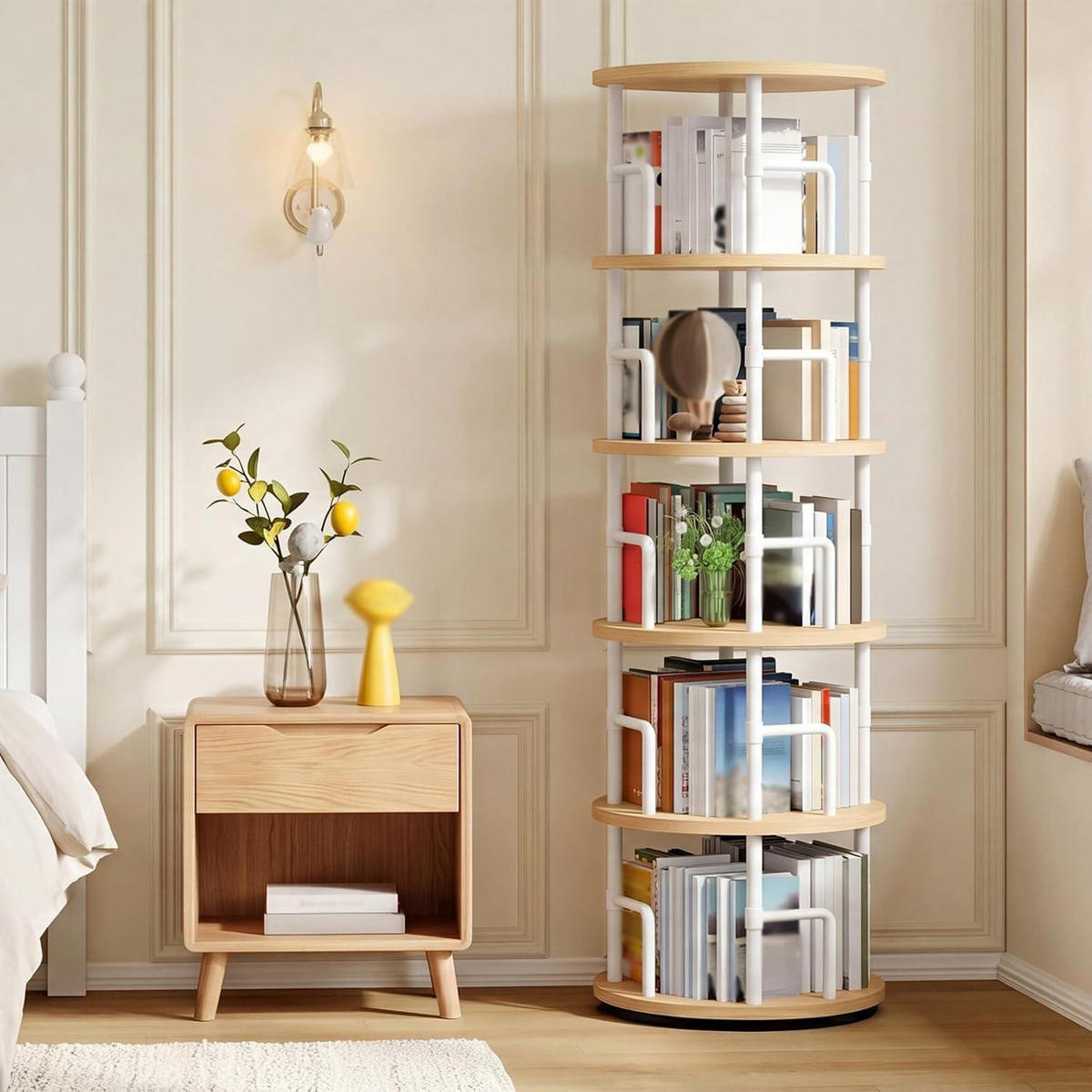 BÜCHERREGAL drehbar 5 Ebenen Natur und Weiß 40 x 40 x 160 cm - Weiß, Holzwerkstoff (40/160/40cm)