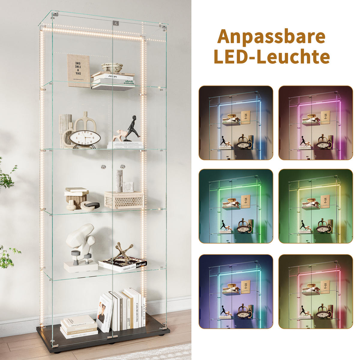 GLASVITRINE mit 5 Einlegeböden, LED-Lichtleiste, Doppeltür mit Sicherheitsschloss in schwarz - Schwarz, Glas/Holz (36.5/183/80.6cm) - BRILVERDE