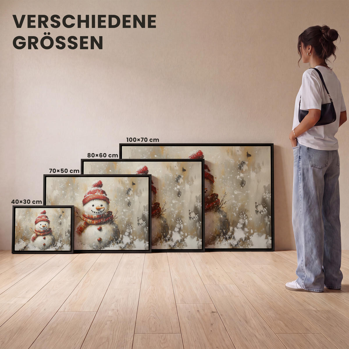 LEINWAND Bilder mit Rahmen - Schneemann - Winter - Schnee - Beige - 70x50 - Weiß, Textil (70/50cm) - MuchoWow