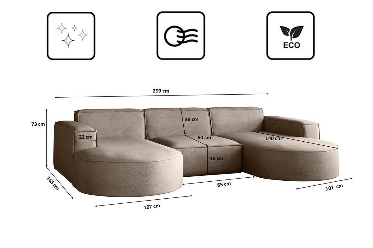 ECKSOFA Modena U-Form Elegant und Moderne Stoff Salvador Dunkelbeige - Cappuccino, Holz/Textil (299/165cm) - Kaiser Möbel
