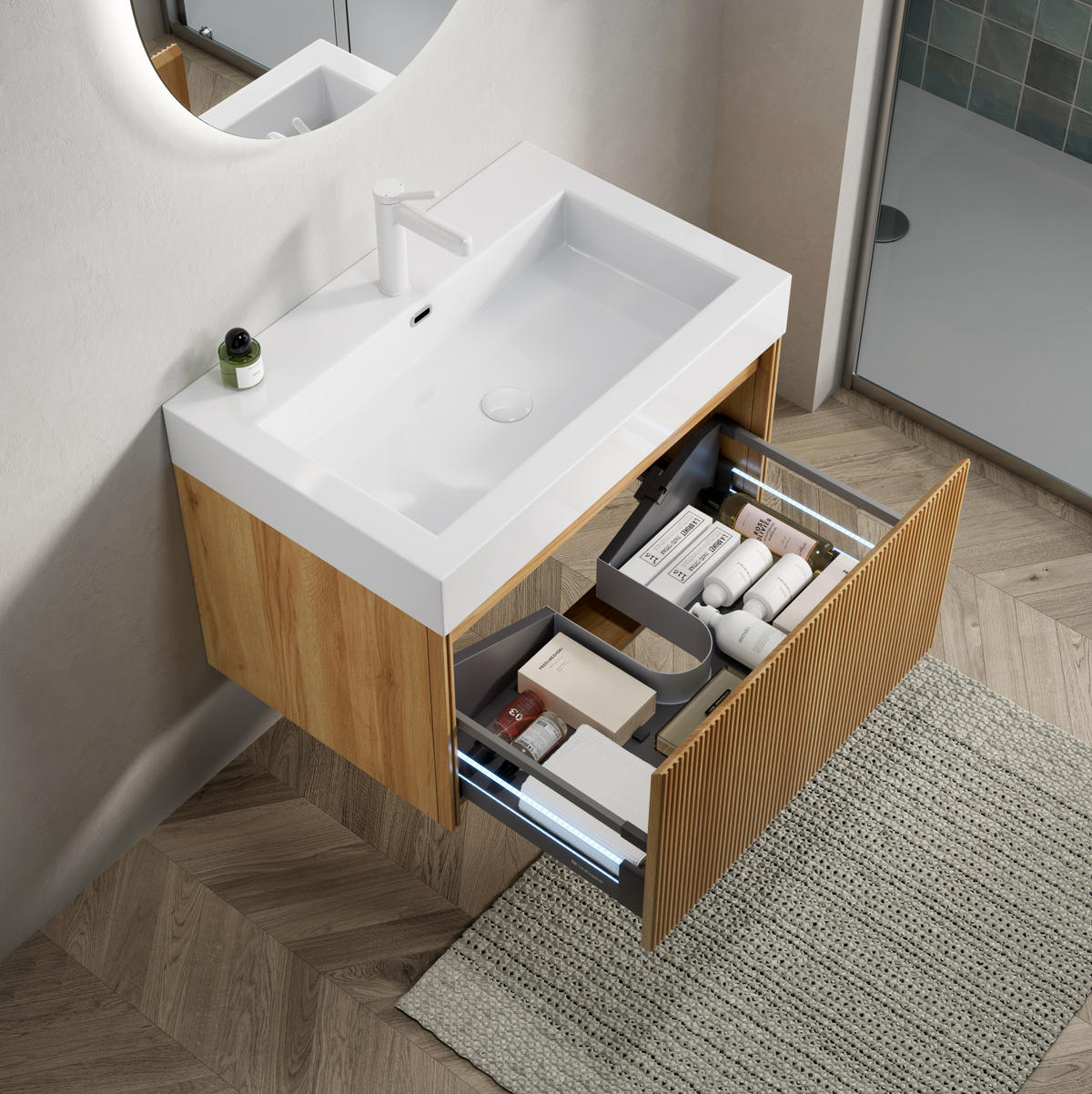 WASCHTISCHUNTERSCHRANK 70x46x50cm Naturholz/Weiß mit Resinbecken & LED-Schubladensystem - Naturfarben, Kunststoff (70/50/46cm) - Modfu