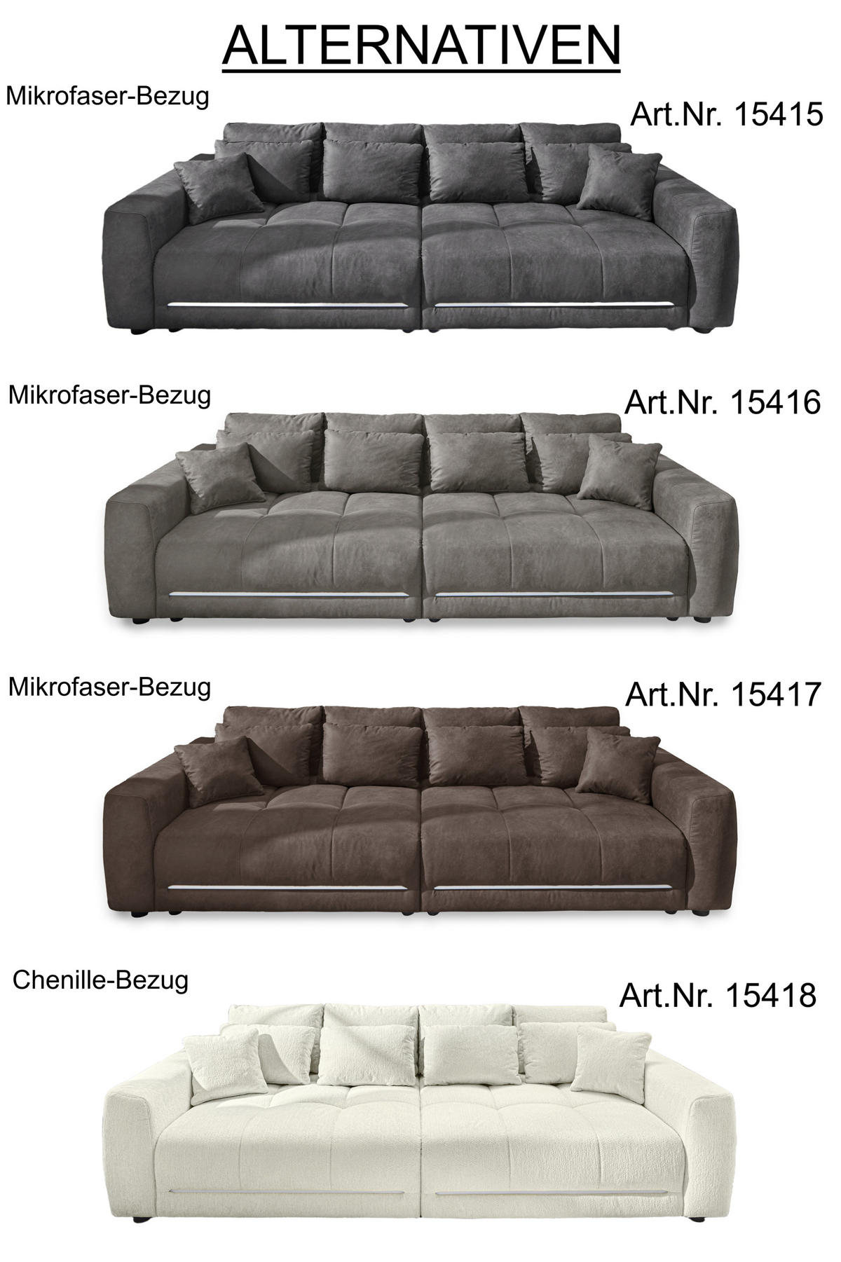 BIG-SOFA Federkern B294/T136/H86 cm, RGB-LED-Beleuchtung mit Fernbedienung, Mikrofaserstoff in Hellgrau / 15416 - Hellgrau/Schwarz, Kunststoff/Textil (294/86/136cm) - luma-home