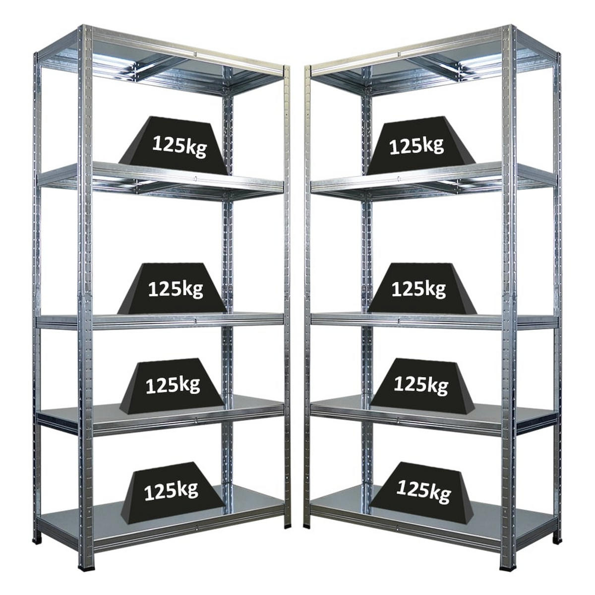 SCHWERLASTREGAL Ragnar 2er-Set 180x90x40cm 5 Stahlplatten-Ebenen Fachlast 125 kg Verzinkt - Schwarz, Metall (90/180/40cm) - PROREGAL