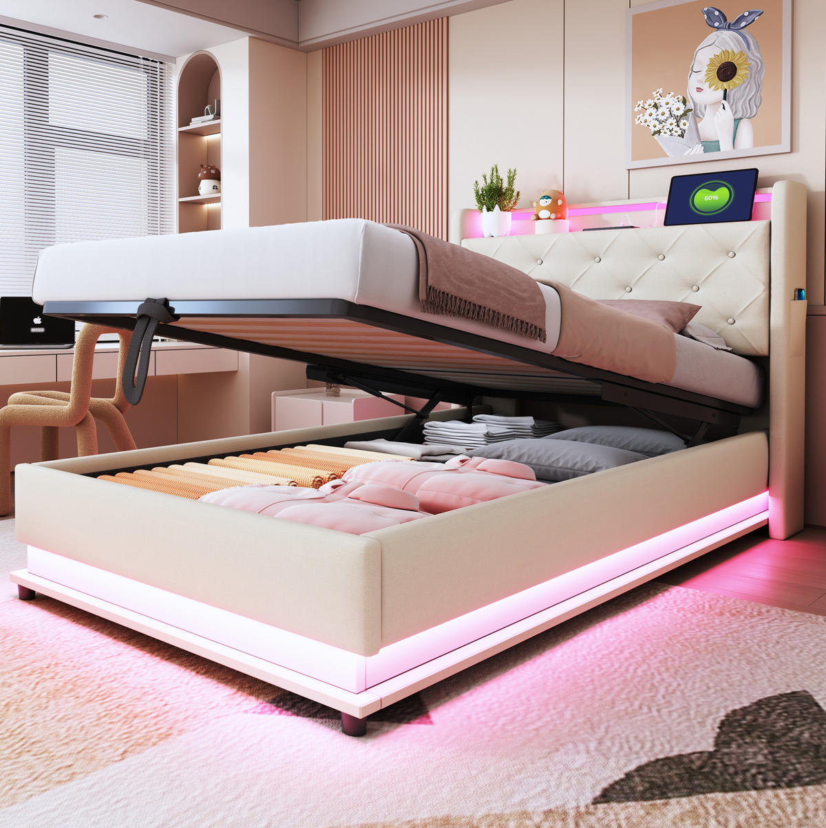 KINDERBETT 90/200 cm aus Leinenstoff mit LED-Beleuchtung und USB-Anschluss Beige - Beige, Textil (90/200cm) - Modenvie