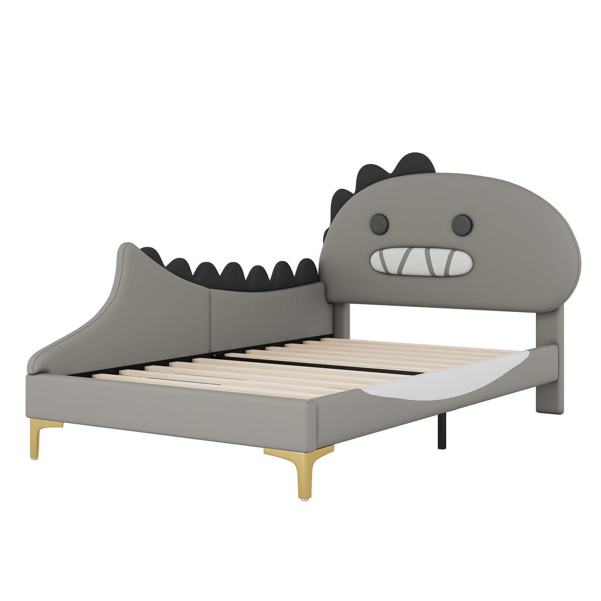KINDERBETT 90/200 cm mit Cartoon-Dinosaurier-Kopfteil und PU-Bezug, Grau - Grau, Kunststoff (90/200cm) - Redom
