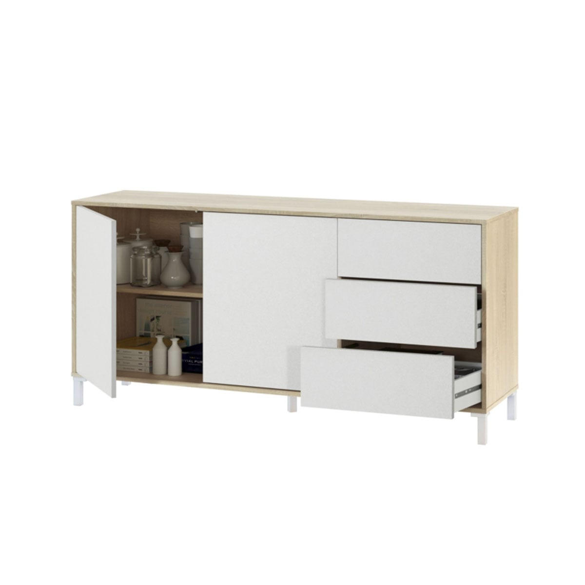 SIDEBOARD mit 2 Türen und 3 Schubladen Brooklyn - L154cm - Weiß, Holzwerkstoff (41/74/154cm) - Calicosy