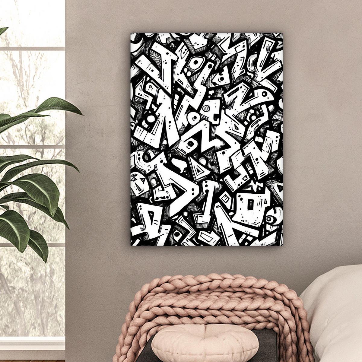 LEINWANDBILD Formen - Buchstaben - Graffiti - Schwarz Wandbild Wohnzimmer 60x80 cm - Schwarz, Textil (60/80cm) - MuchoWow