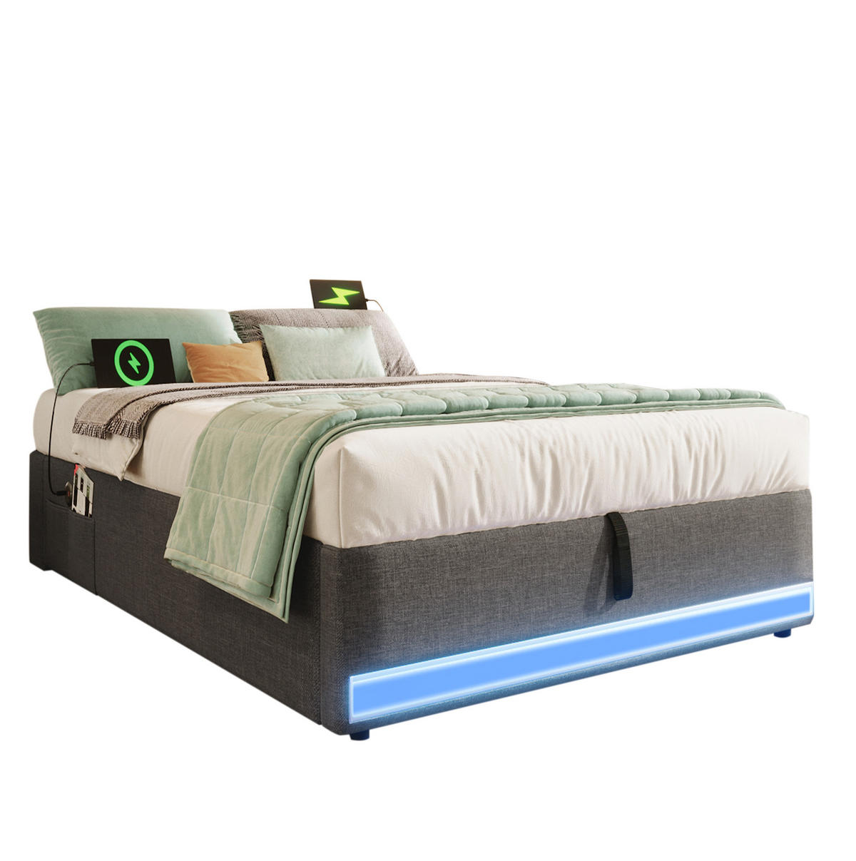 POLSTERBETT 90/200 cm Grau mit LED-Beleuchtung, Stauraum und USB-Anschlüssen - Grau, Textil (90/200cm) - Flora Grace