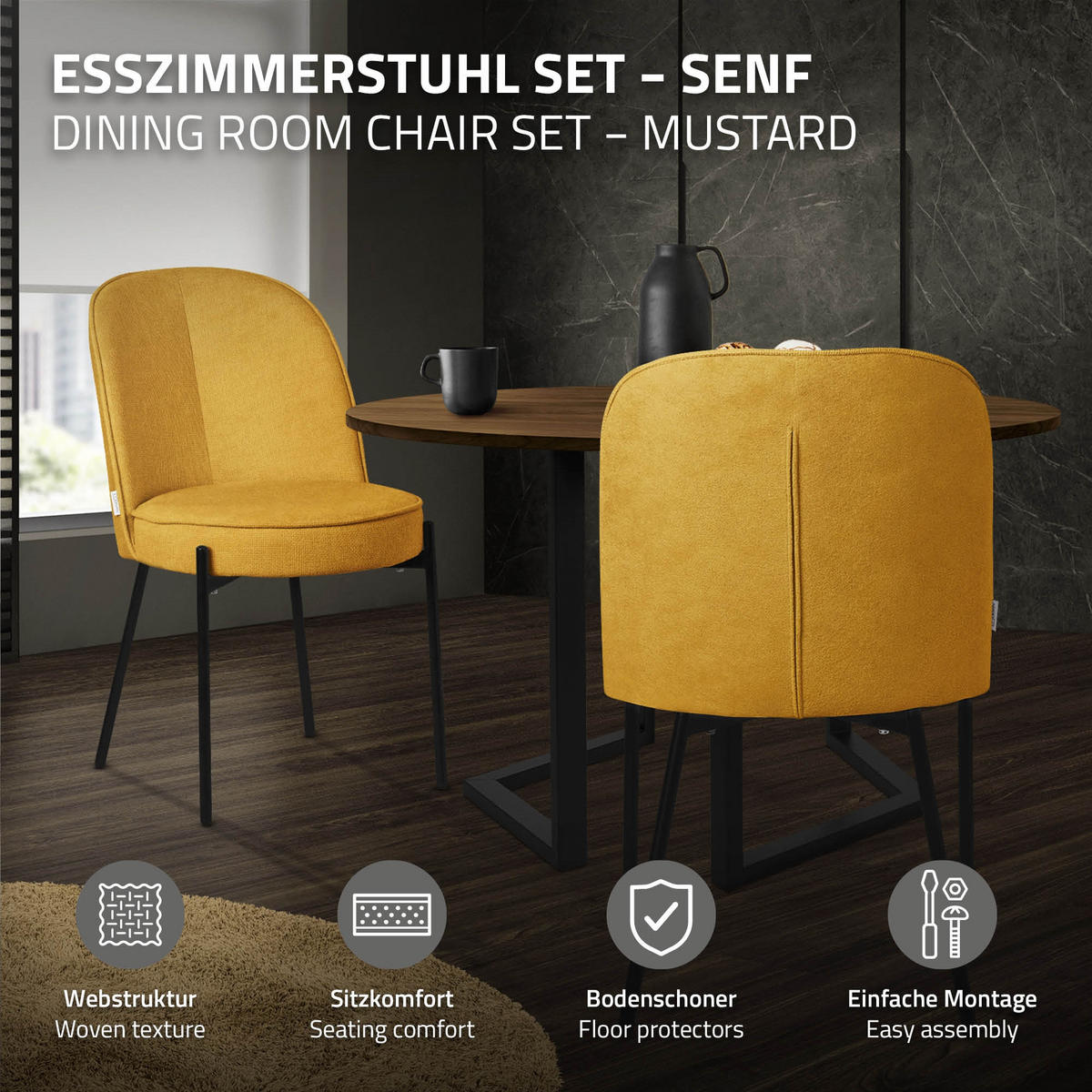 JÍDELNÍ ŽIDLE, sada 6 ks, hořčičná, s látkovým potahem - černá/žlutá, kov/textil (50/83/63cm) - ML-DESIGN