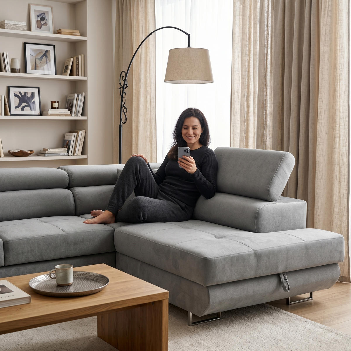 ECKSOFA WILD L Rechts mit Schlaffunktion 127x195 Velours Hellgrau - Chromfarben/Hellgrau, Holz/Textil (274/203cm) - Muffo