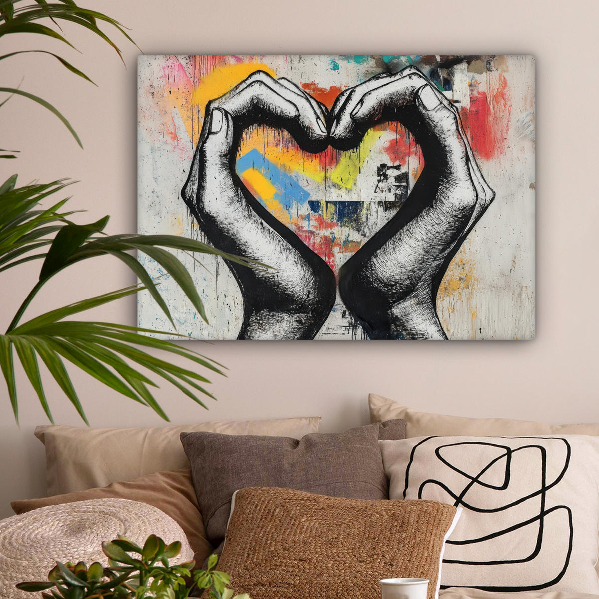LEINWANDBILD - Hände - Herz - Straßenkunst - Graffiti - 80x60 - Malerei - Multicolor, Textil (80/60cm) - MuchoWow