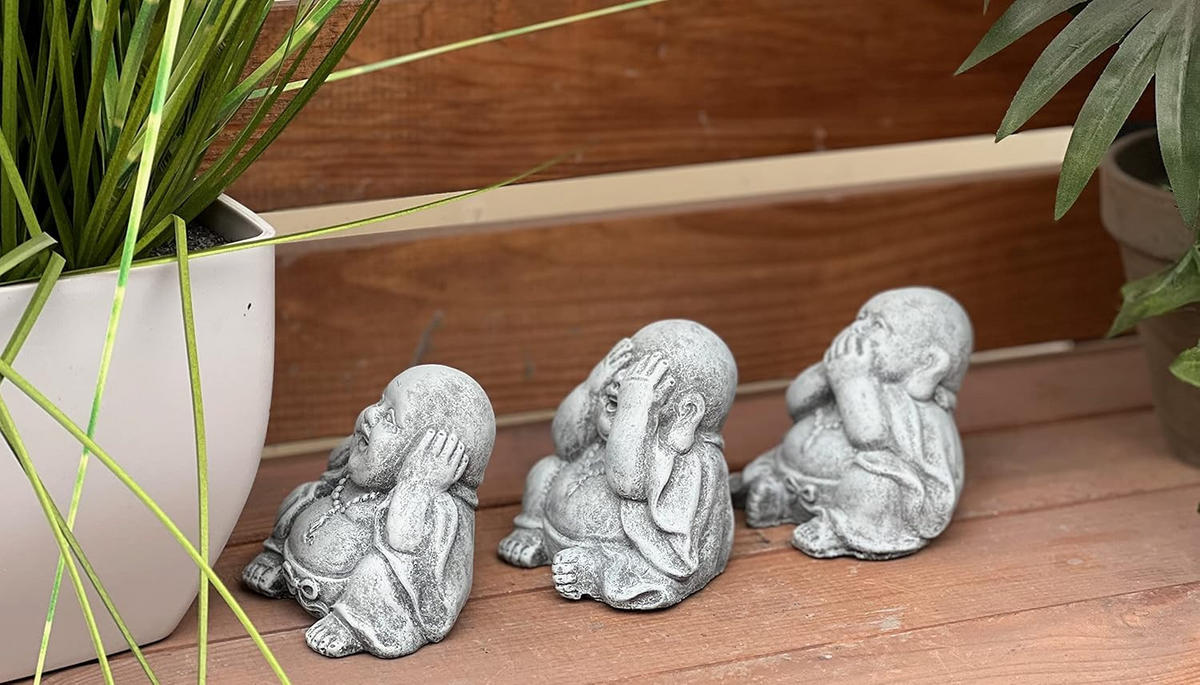 STEINFIGUR 3er Set Buddha nichts sehen sagen hören frostfest Steinguss - Grau, Stein (8/7/7cm) - stoneandstyle