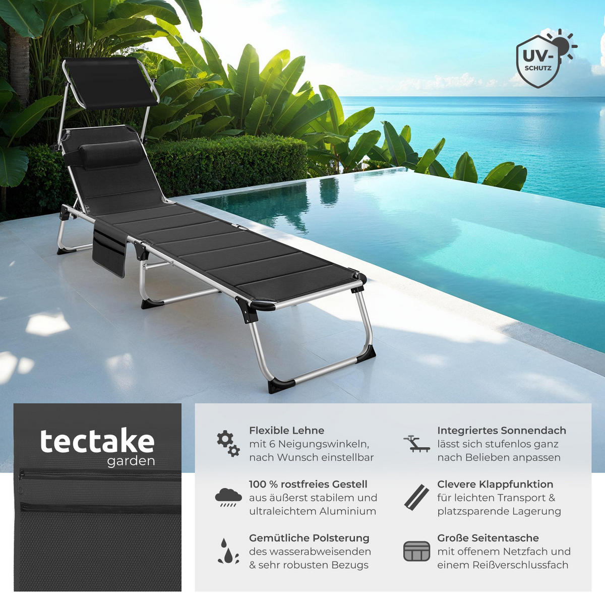 SONNENLIEGE Lorella,220 x 60,5 x 34 cm, mit Seitentasche ,schwarz - Schwarz, Kunststoff (60.5/115/200cm) - tectake