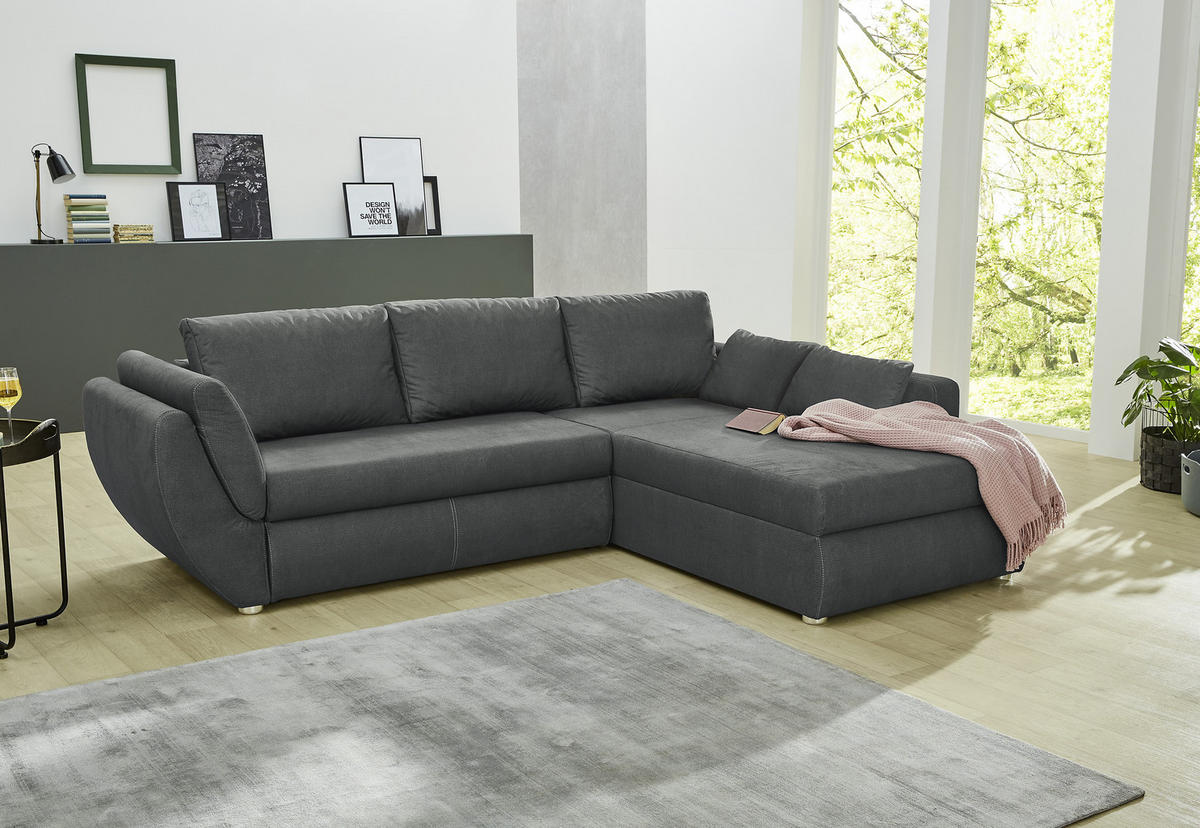 ECKSOFA mit Schlaffunktion und Bettkasten, seitenverkehrt montierbar B272/T200/H88 cm, Liegefläche 128x224 cm, Mikrofaser Dunkelgrau / 15228 - Chromfarben/Dunkelgrau, Kunststoff/Textil (272/200cm) - luma-home