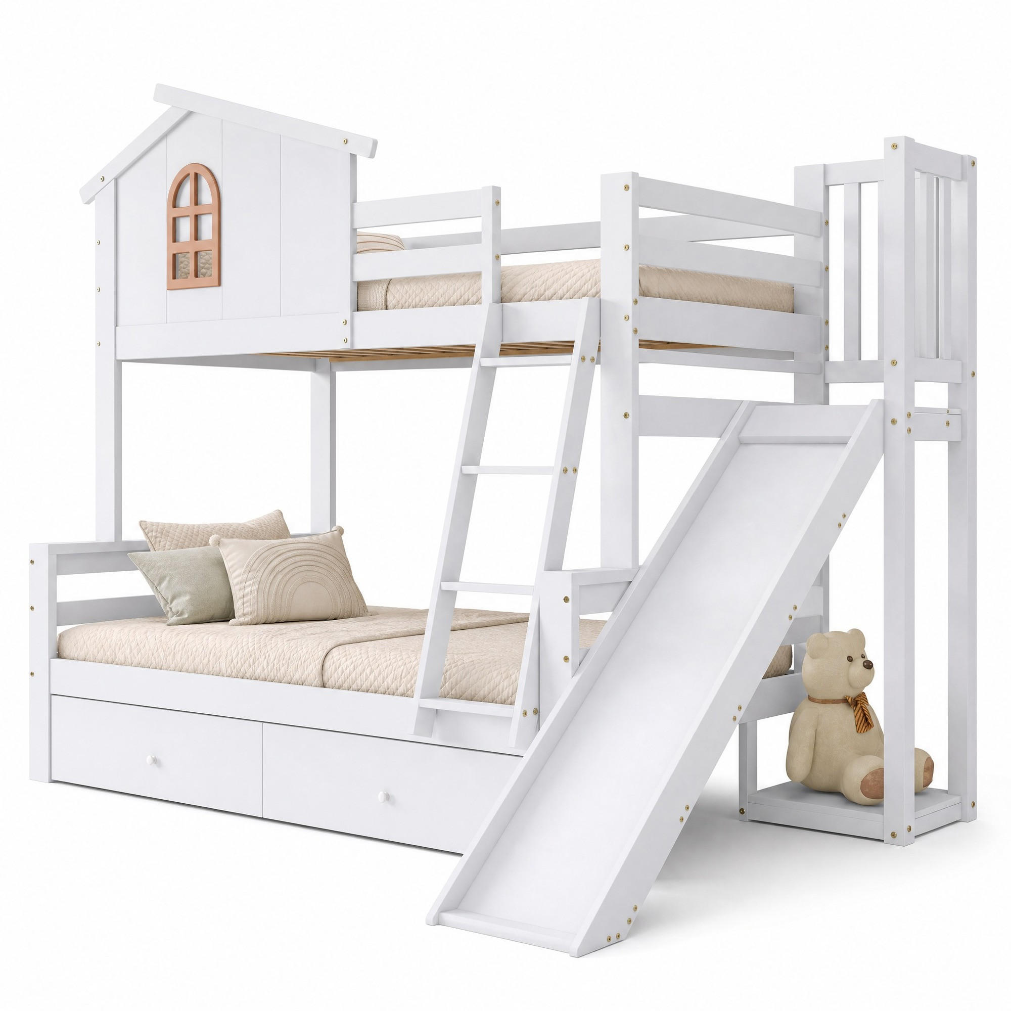 ETAGENBETT 90/200+120/200 mit Rutsche, Schubladen und Fenster in Weiß - Weiß, Holz/Holzwerkstoff (90/200cm) - EVRYAE