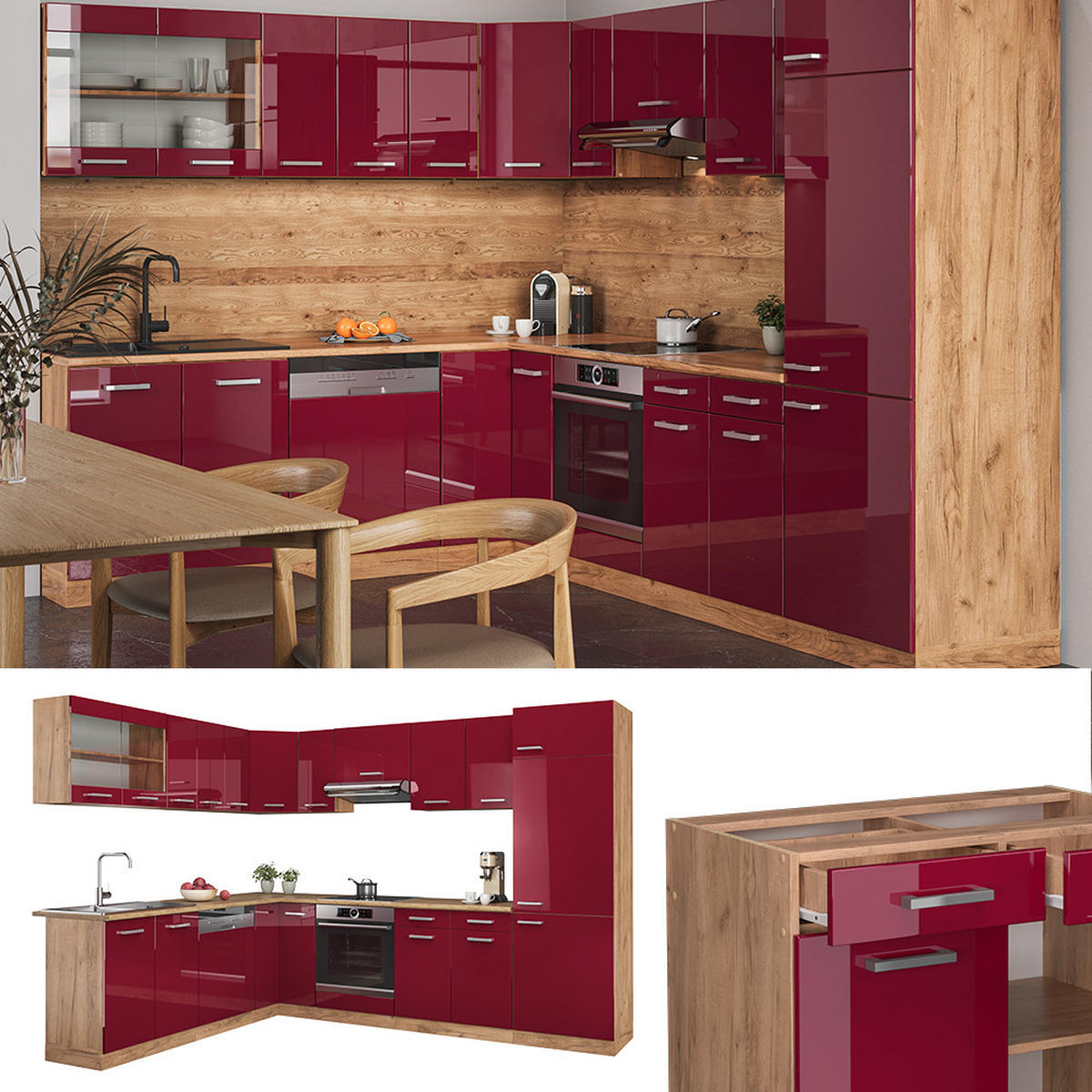 ECKKÜCHE R-Line Rot Hochglanz/Goldkraft Eiche 287 x 60 cm , AP Marmor - Rot/Eiche Wotan, Holzwerkstoff (287/81.6/60cm) - Vicco