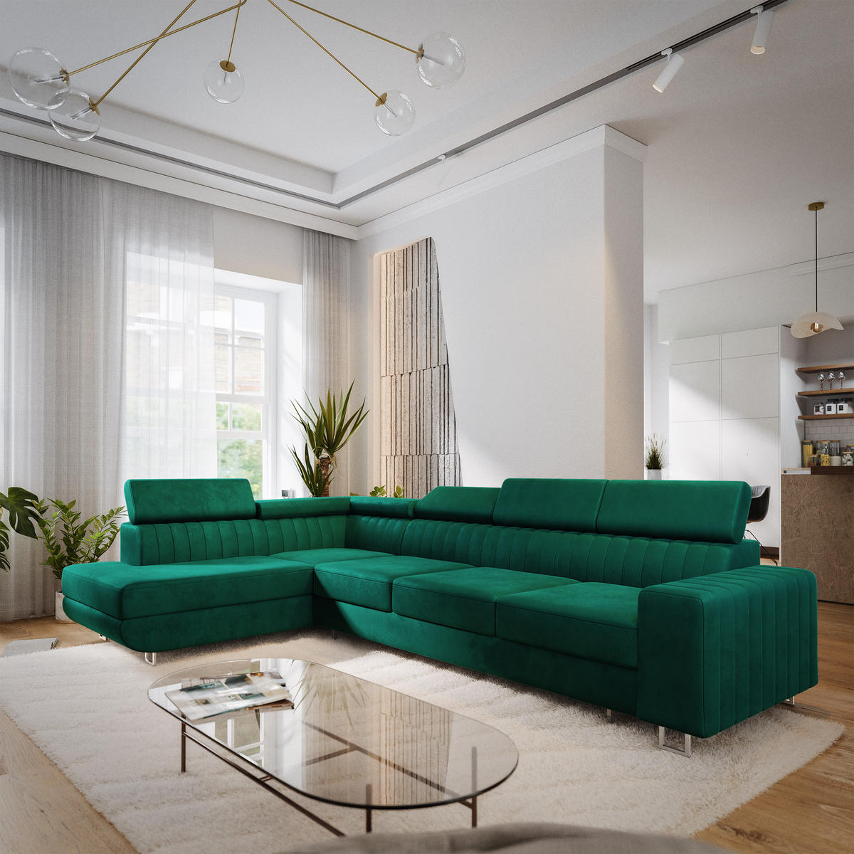 ECKSOFA HESTION Grün Velours-Stoff mit Schlaffunktion - Grün, Holz (332/190cm) - MASSENO