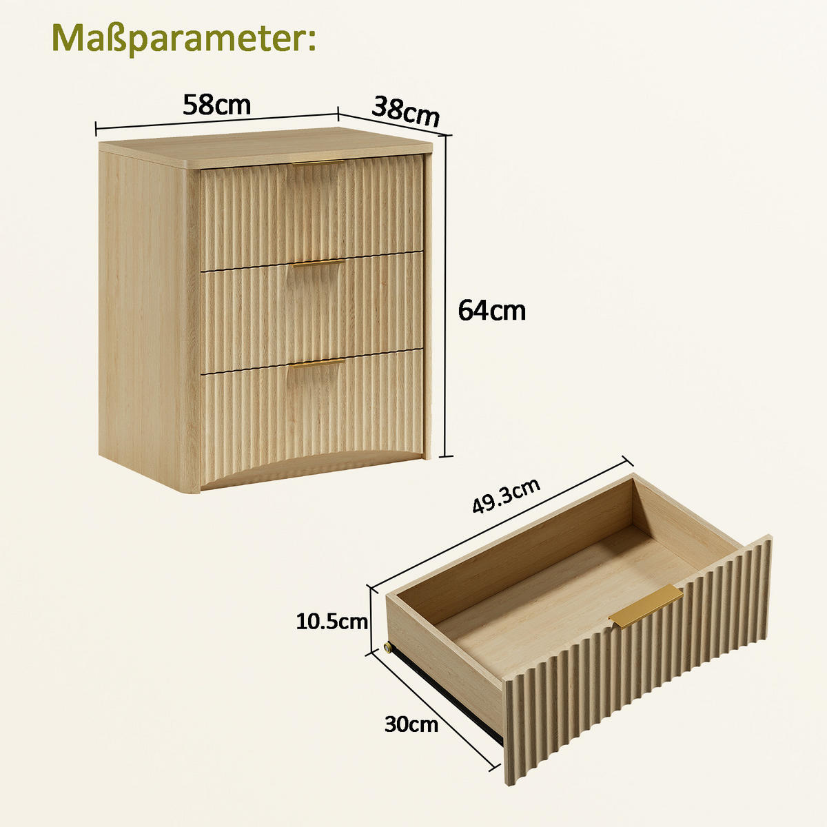 NACHTTISCH 38/58/64 cm Eiche aus MDF mit 3 Schubladen - Braun, Holzwerkstoff (38/64/58cm) - OKWISH