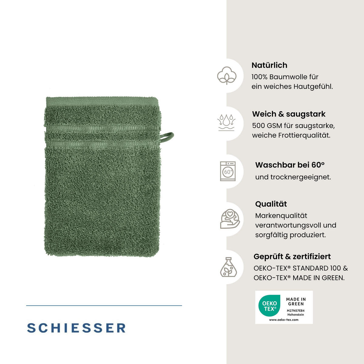 WASCHHANDSCHUHSET Milano - 5-teilig - 16x22 cm - Dunkelgrün - Dunkelgrün, Textil (16/22cm) - SCHIESSER