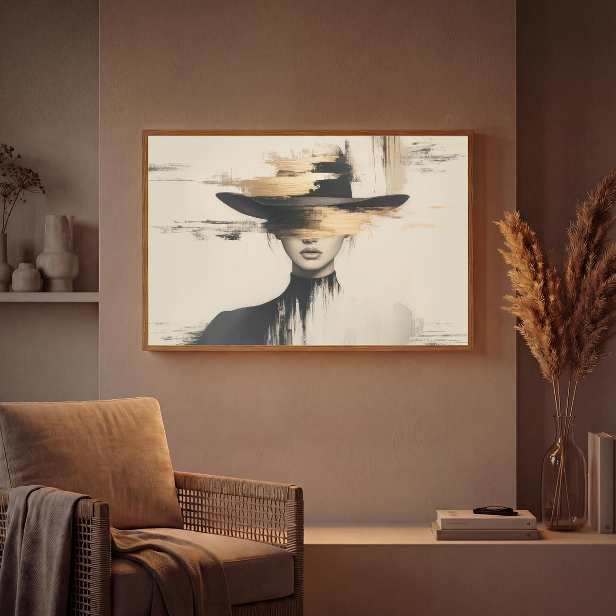 NÁSTĚNNÁ LAMPA S AKUMULÁTOREM Žena - klobouk - barva 100x70 cm - krémová, kompozitní dřevo (100/70/8cm) - OnlyWow