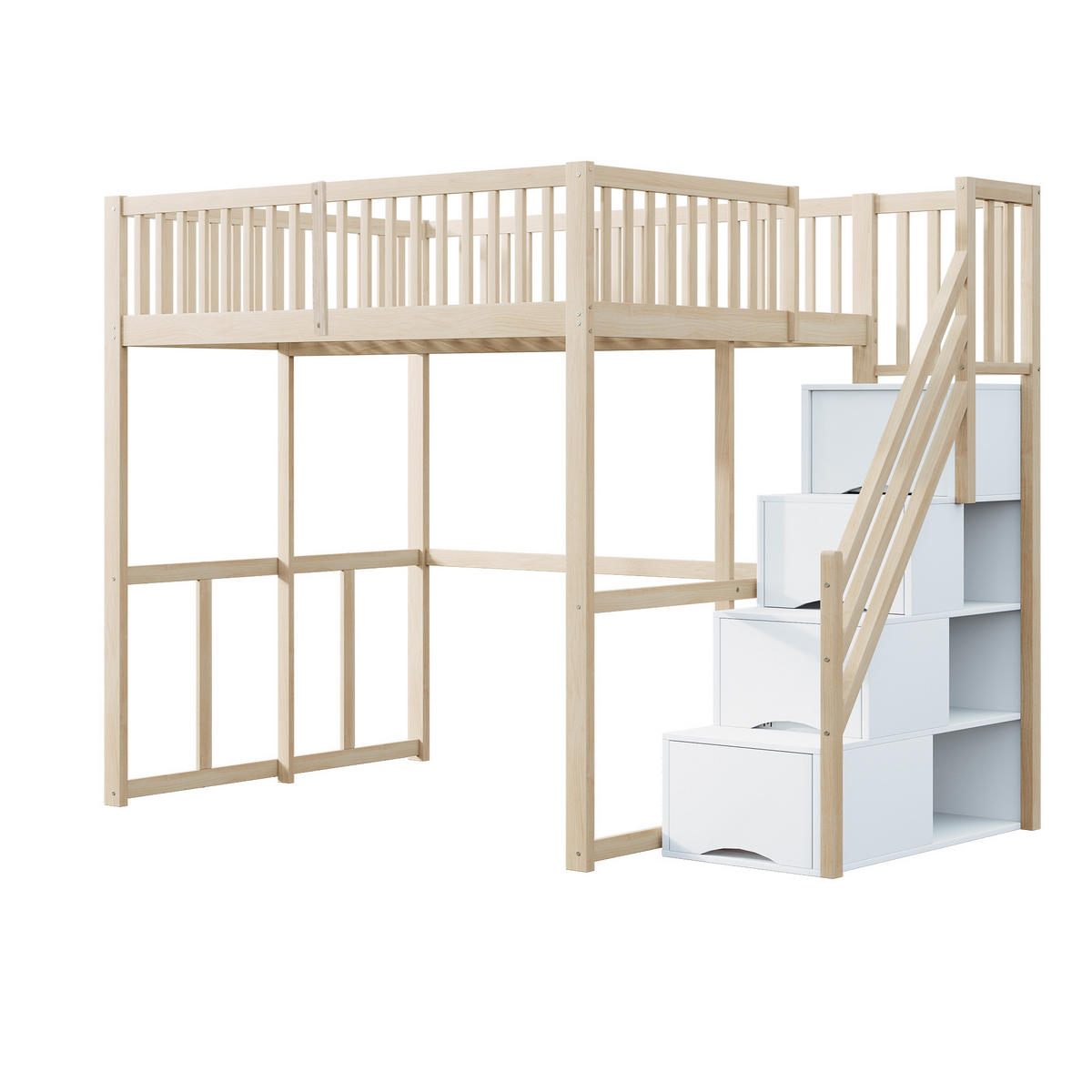 HOCHBETT 140/200 cm in Natur mit Stauraumtreppe und Sicherheitsumrandung - Naturfarben, Holz/Holzwerkstoff (140/200cm) - CHICFURN