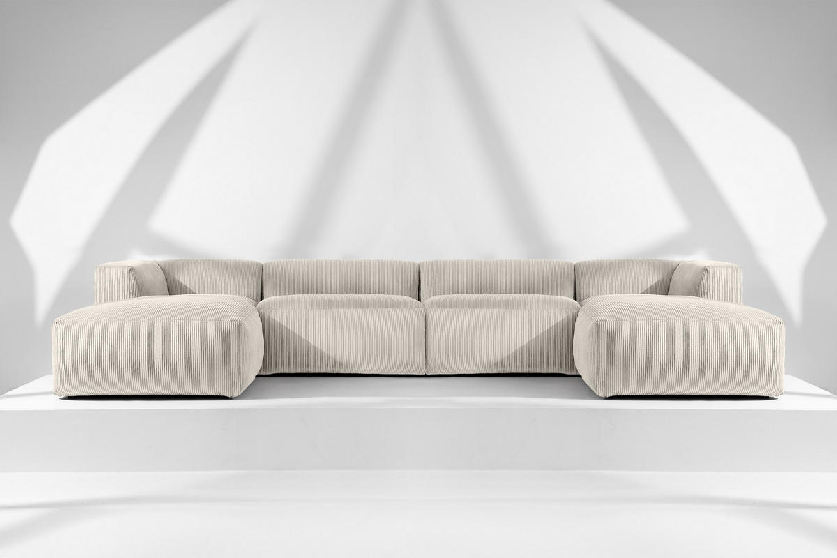 PANORAMA-ECKSOFA BUFFO 7/8 Sitzer mit extrem weicher Sitzfläche, Kordstoff, cremefarben - Creme, Textil (424/73/180cm) - KONSIMO®