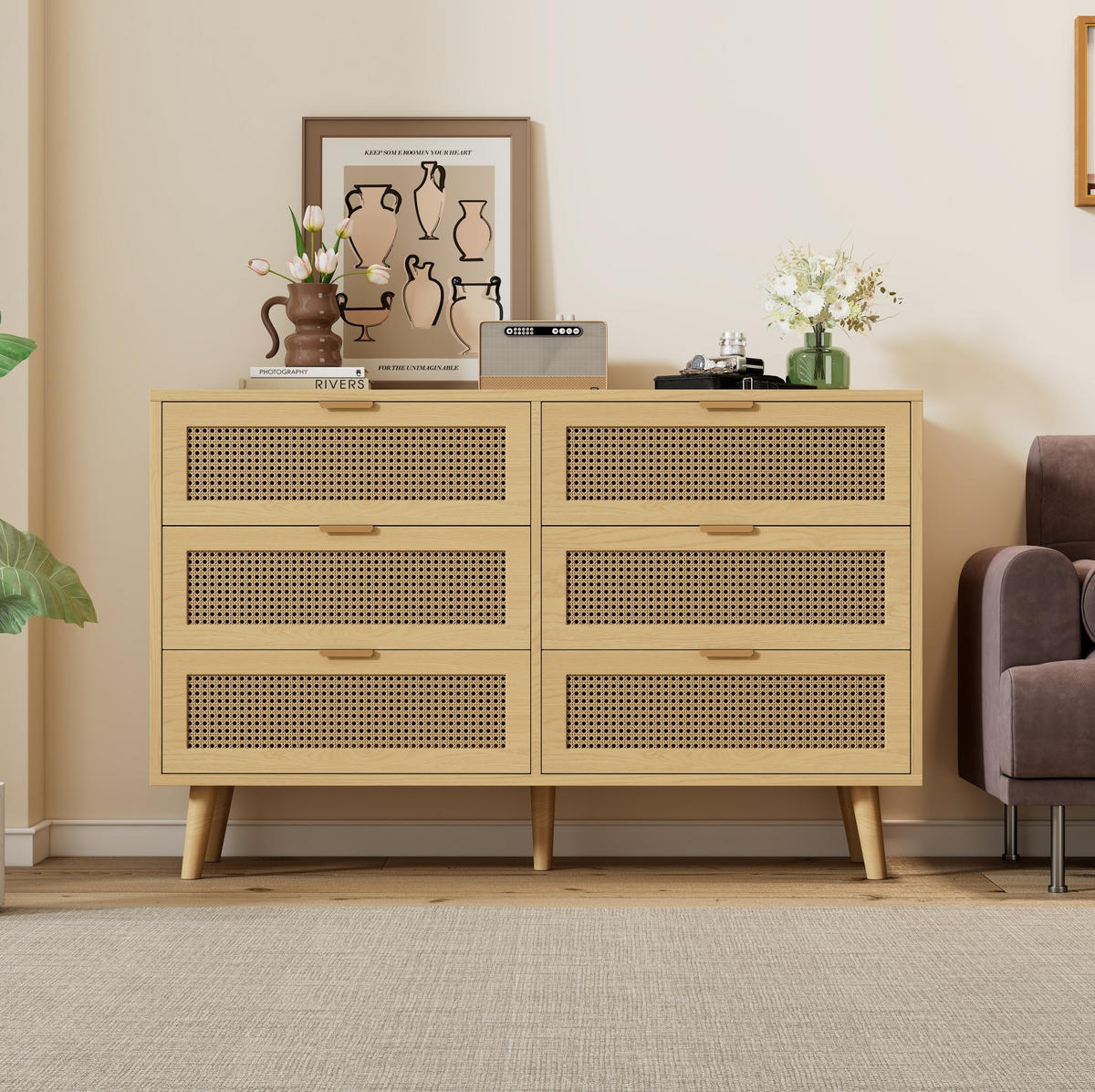 SIDEBOARD 120/40/76,5 cm in Walnuss mit 6 Schubladen und Rattan-Optik - Eichefarben, Holzwerkstoff (120/76.5/40cm) - Flora Grace