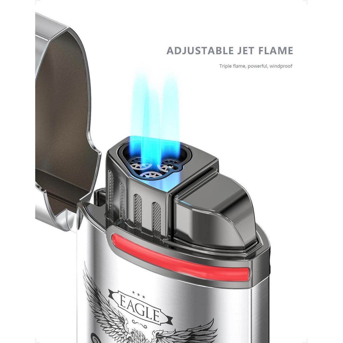 STURMFEUERZEUG Jetflamme 3 Jet-Flammen Ganzmetallkonstruktion Nachfüllbar - Silberfarben, Metall (4.2/2/8.2cm)