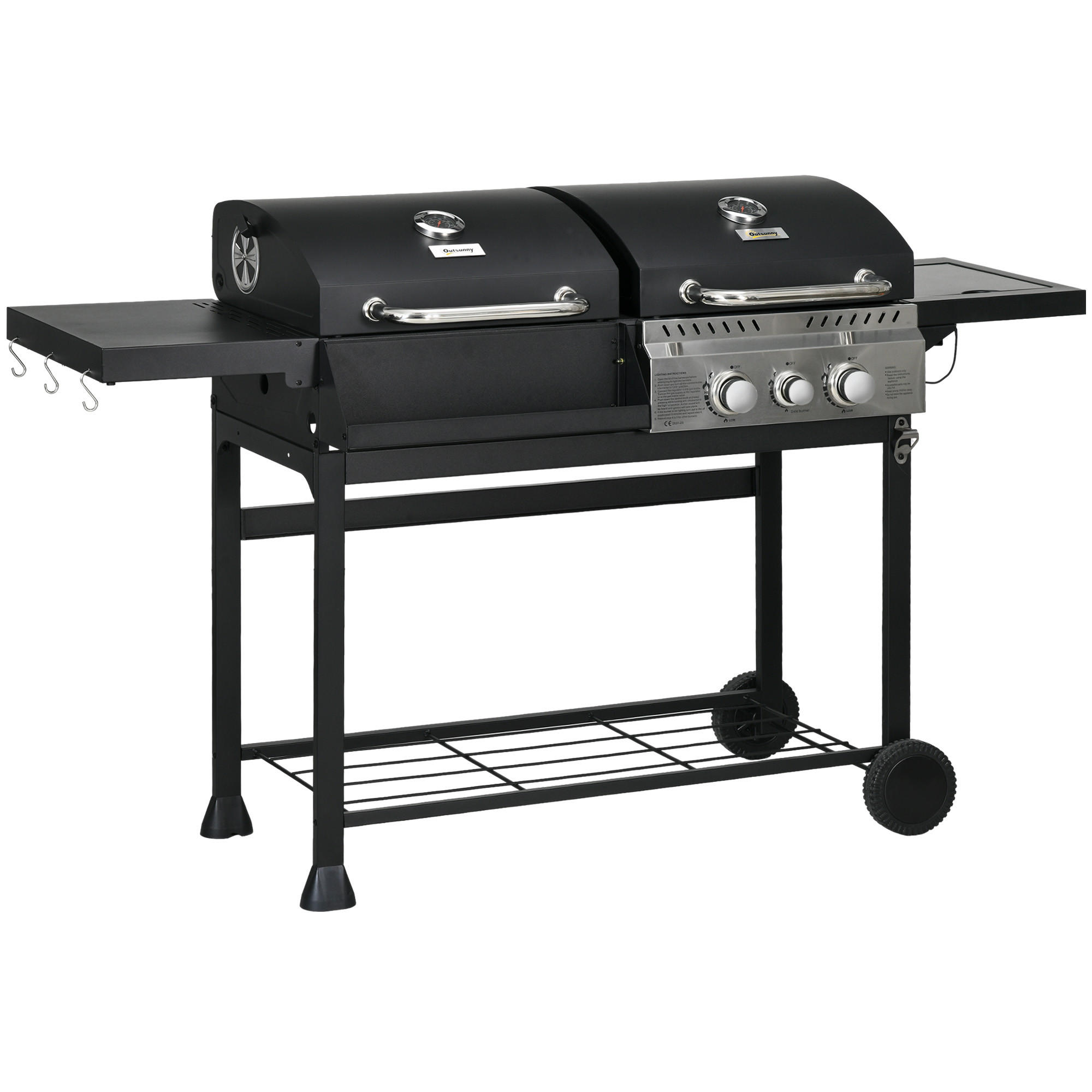 GASGRILL mit 2+1 Brenner, Thermometer, 3kW BBQ Holzkohlgrill mit Regal - Schwarz, Metall (53/101/161cm) - Outsunny