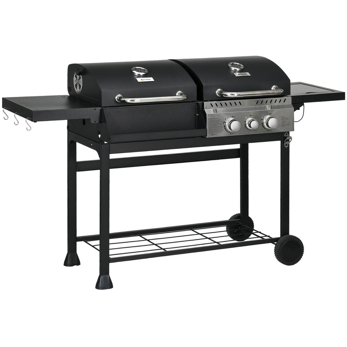 GASGRILL mit 2+1 Brenner, Thermometer, 3kW BBQ Holzkohlgrill mit Regal - Schwarz, Metall (53/101/161cm) - Outsunny