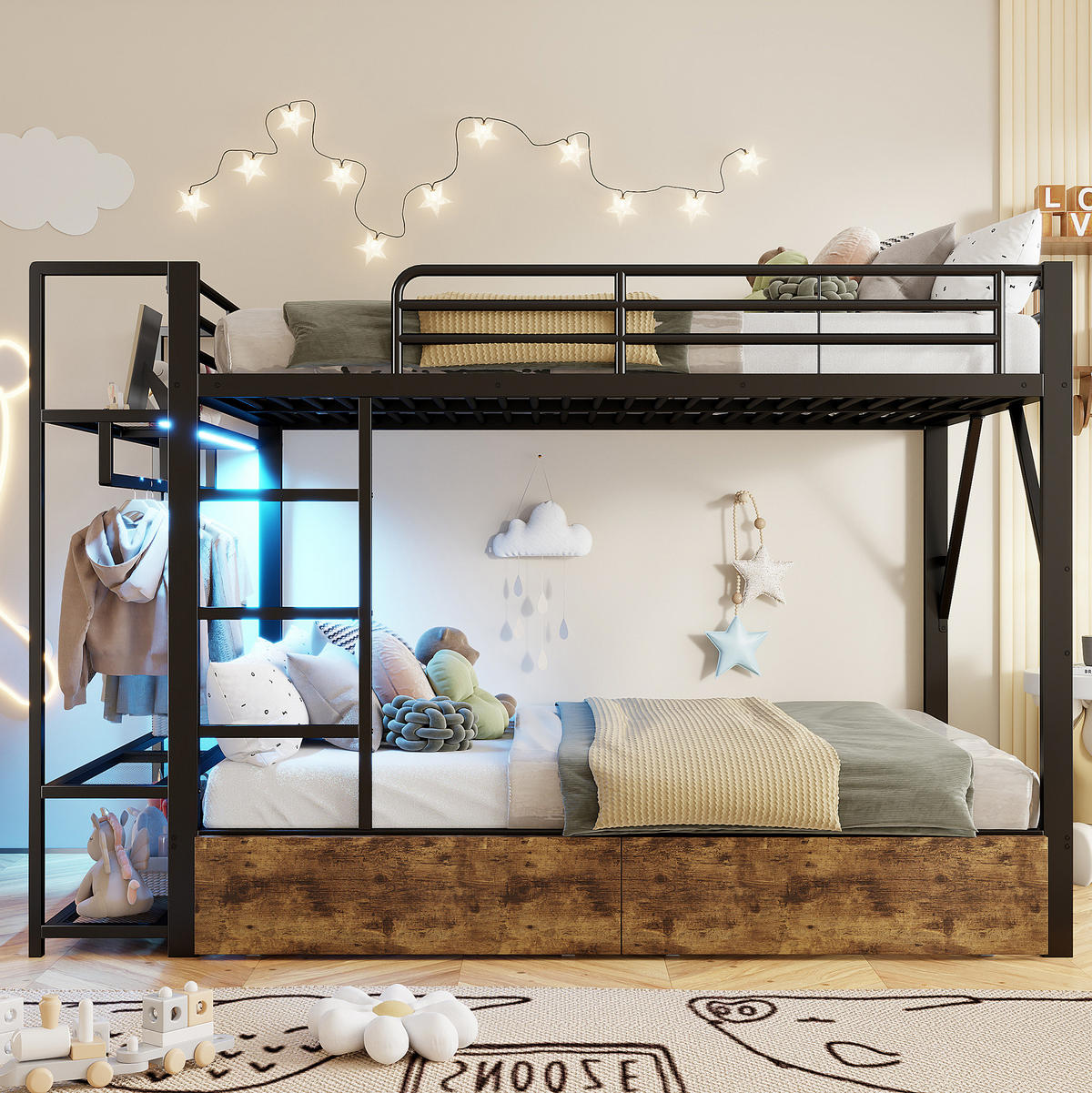 ETAGENBETT 140/200 cm aus Metall mit LED-Lichtleiste und Stauraum Schwarz - Schwarz, Metall (140/200cm) - Modenvie