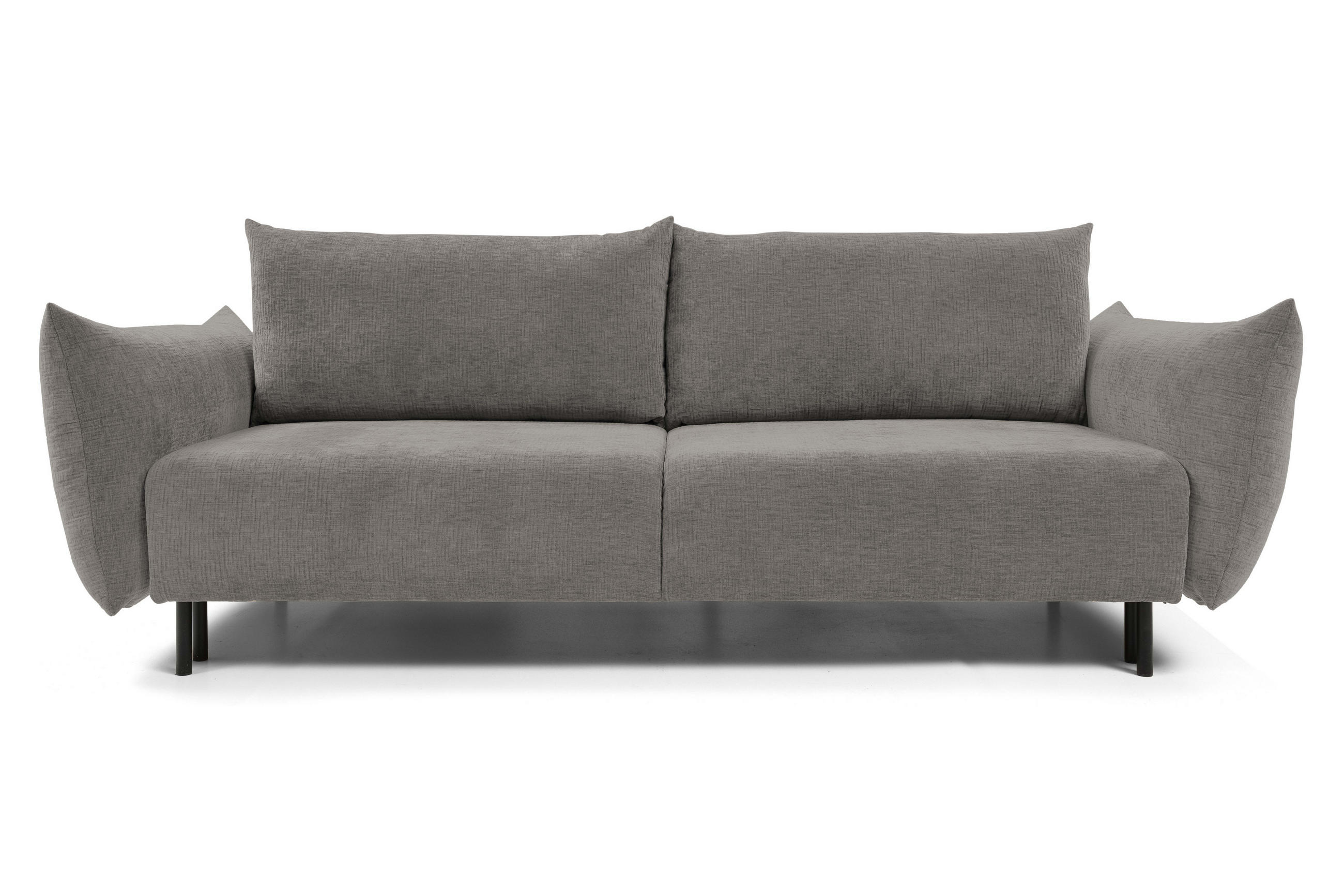 SOFA ADEL - Schlaffunktion Und Bettkasten, Wellenfederung, PUR-Schaum, Schwarze Metallfüße lose Rückenkissen, freistehend, 240x108x75 cm Light grey - Hellgrau, Holz/Textil (240/75/108cm) - DomoHome