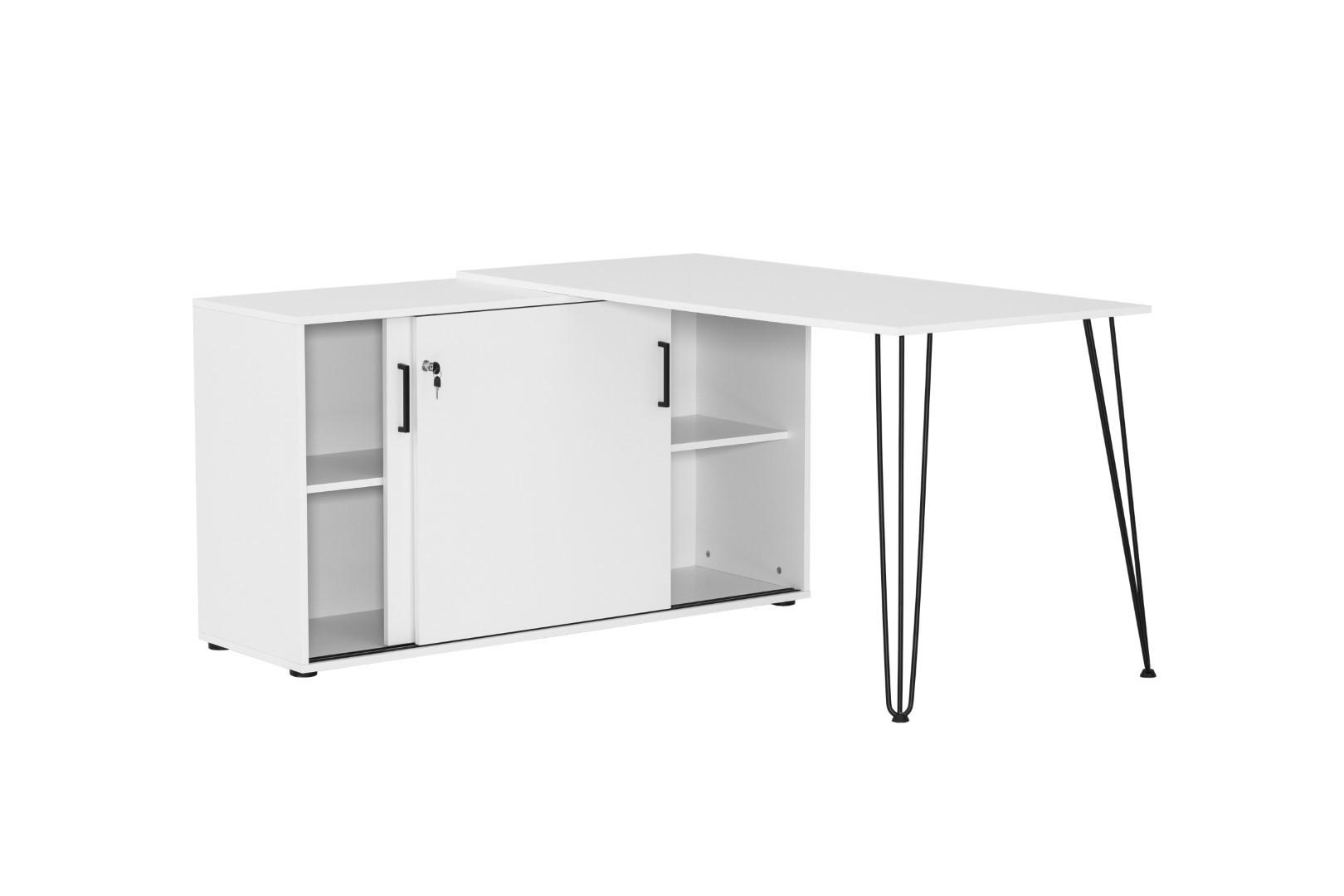 ECKSCHREIBTISCH Zebra 74x129,5x145 cm AKTENSCHRANK mit 2 Fächern & 2 abschließbare Schiebetüren Weiß - Weiß, Holz (145/129.5/74cm) - PROREGAL