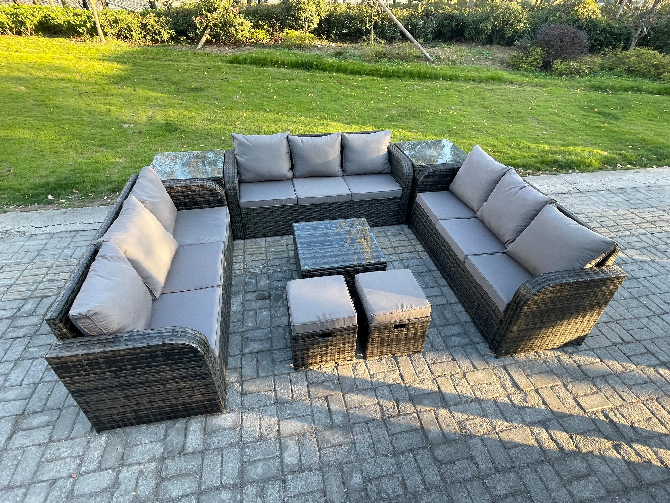 GARTENMÖBELGARNITUR mit KISSEN Polyrattan Dunkelgrau 11-Sitzer - Dunkelgrau/Grau, Glas/Kunststoff - Fimous