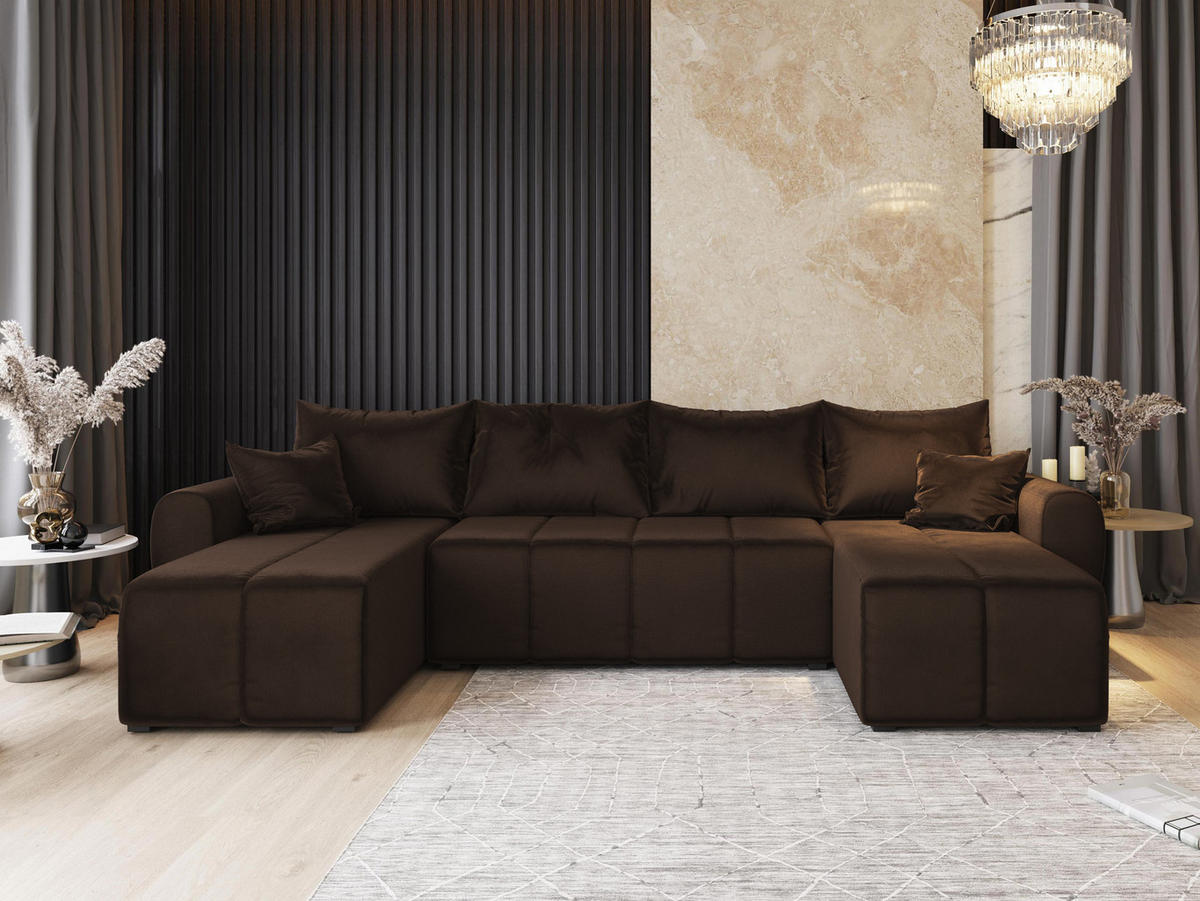 WOHNLANDSCHAFT MADISON U Braun Plüsch-Stoff mit Schlaffunktion - Braun, Holz (311/82/145cm) - MASSENO