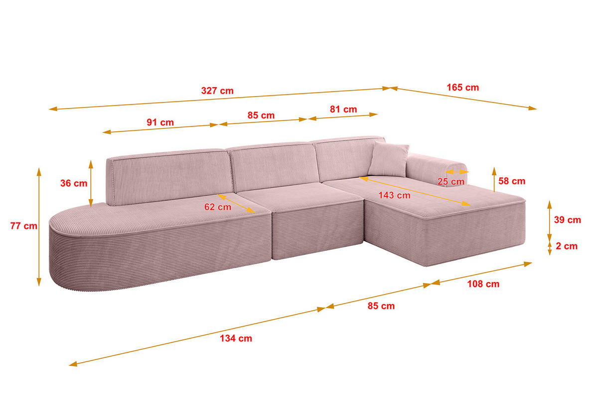 ECKSOFA Ottomane Rechts IREA-L2-v3 - 327x165x77 cm Rosa - Rosa, Holzwerkstoff/Textil (327/165cm) - ALTDECOR