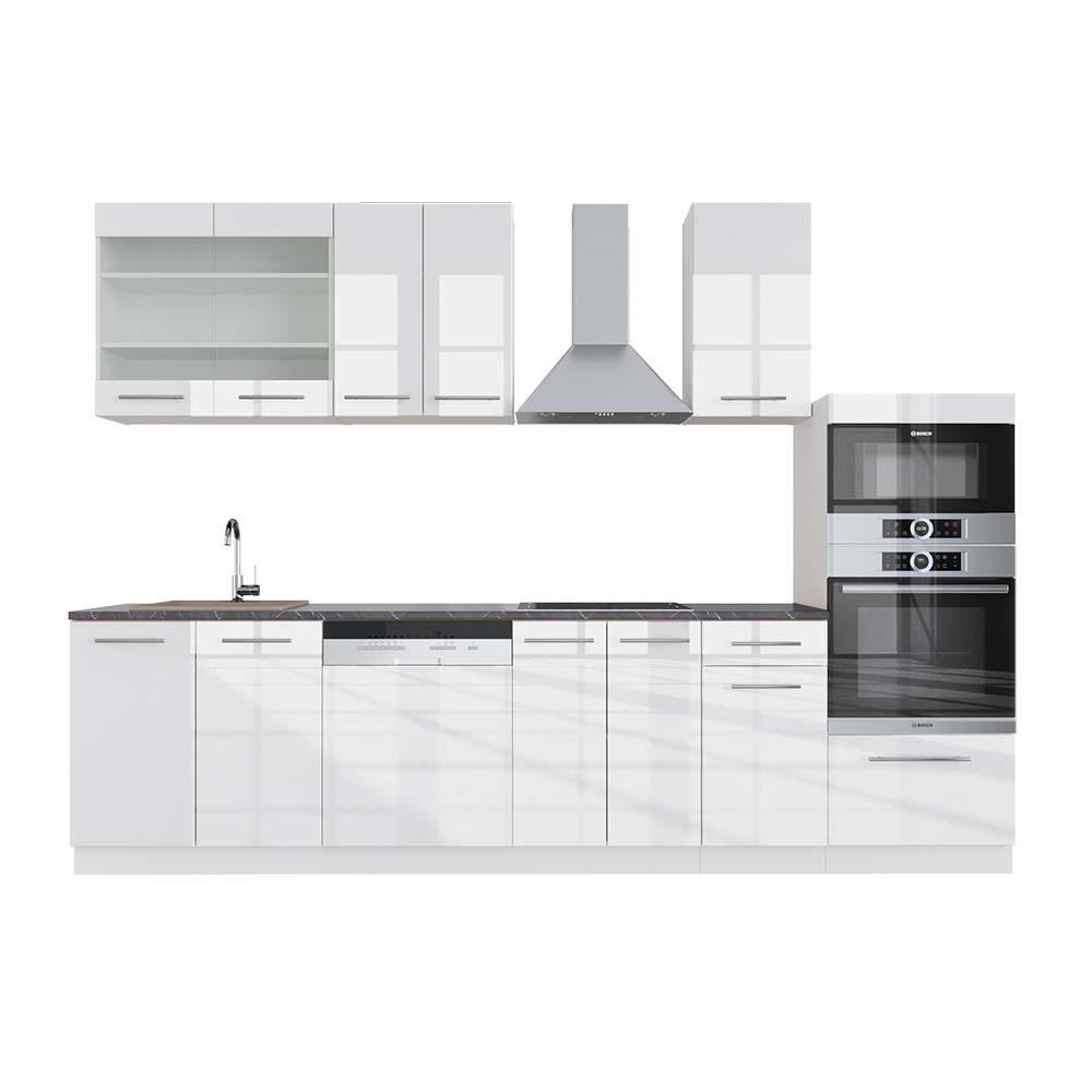 KÜCHENZEILE Fame-Line Weiß Hochglanz/Weiß 300 cm mit Hochschrank AP Anthrazit - Weiß Hochglanz/Weiß, Holzwerkstoff (300/81.6/60cm) - Vicco