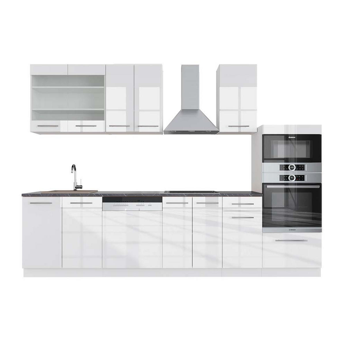KÜCHENZEILE Fame-Line Weiß Hochglanz/Weiß 300 cm mit Hochschrank AP Anthrazit - Weiß Hochglanz/Weiß, Holzwerkstoff (300/81.6/60cm) - Vicco