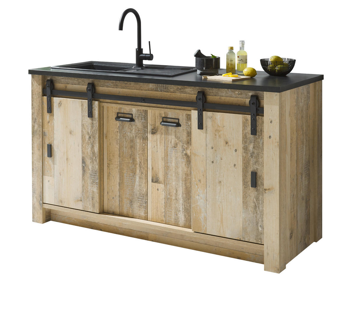 KÜCHENUNTERSCHRANK in Used Wood 161 cm, Küchenschrank für Spüle oder Ceranfeld - Anthrazit/Schwarz, Holzwerkstoff/Metall (161/93/64cm) - Furn.Design